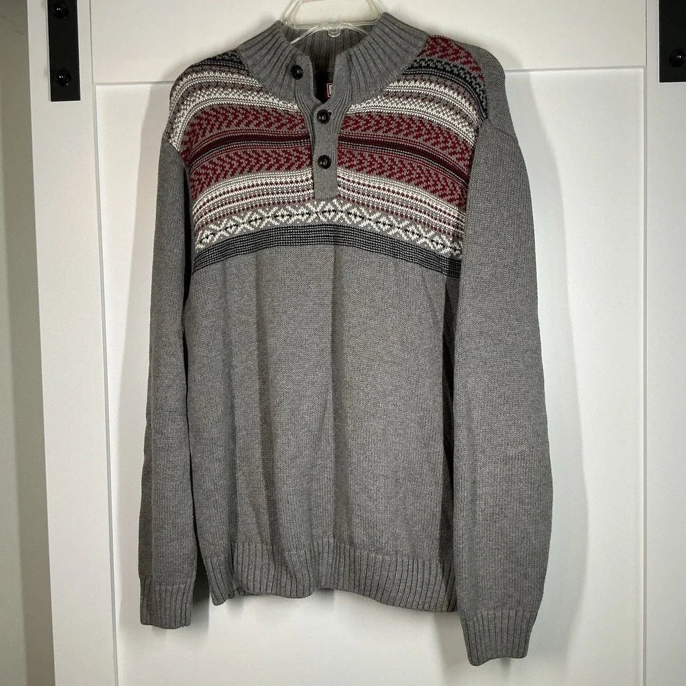 Chaps Ralph Lauren Gray Fair Isle Sweater Classic Winter Knit Size L Holiday